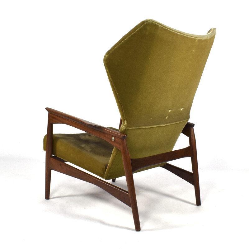 Vintage wingback armchair for Carlo Garhn in teak and green velvet 1960