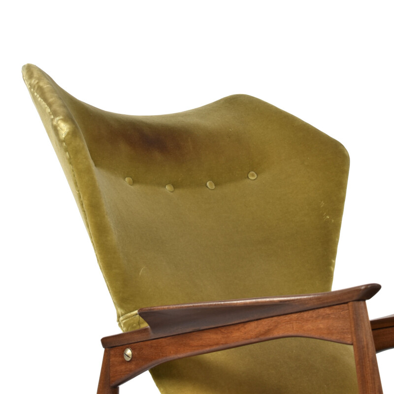 Vintage wingback armchair for Carlo Garhn in teak and green velvet 1960