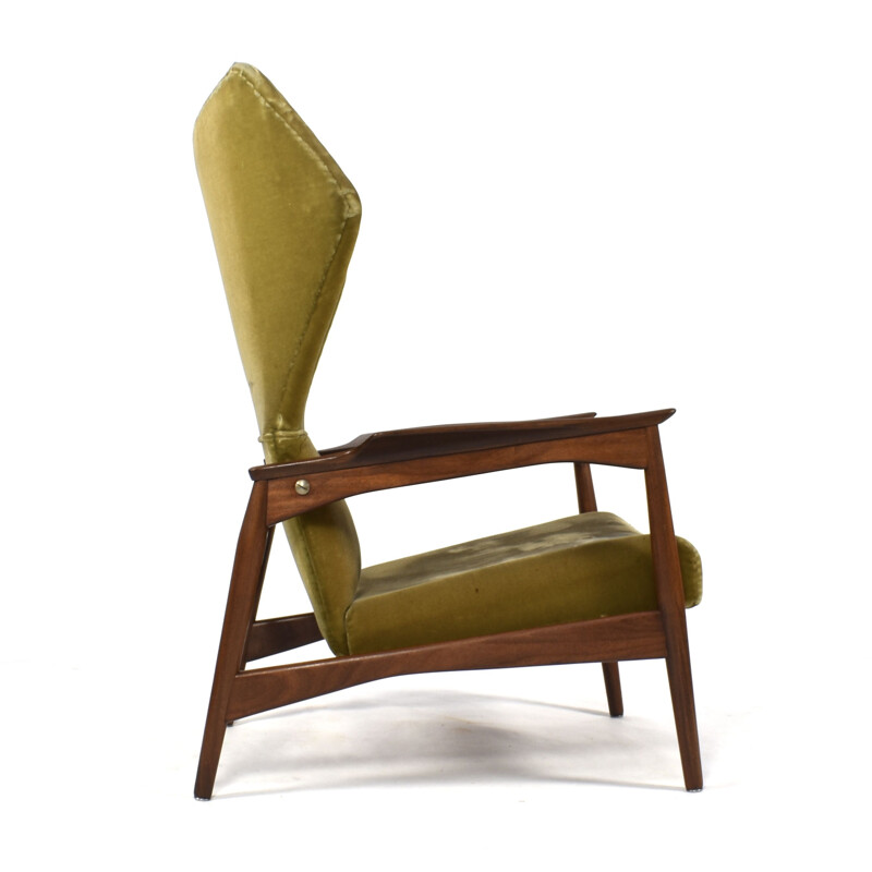 Vintage wingback armchair for Carlo Garhn in teak and green velvet 1960