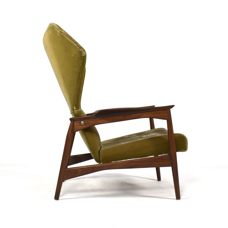 Vintage wingback armchair for Carlo Garhn in teak and green velvet 1960