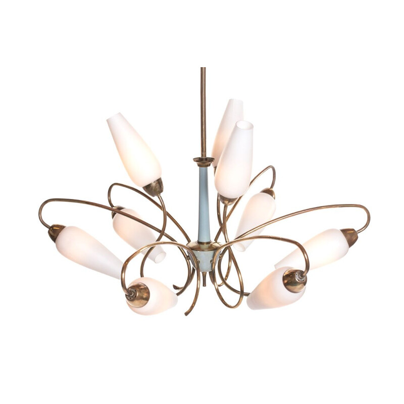 Vintage Italian chandelier in brass and opaline 1950