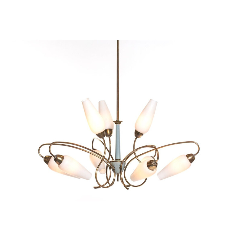 Vintage Italian chandelier in brass and opaline 1950