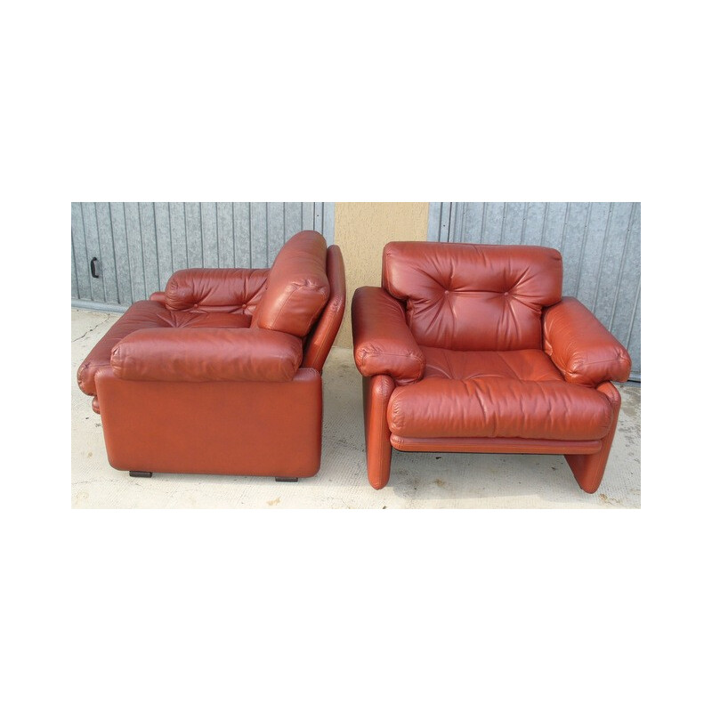 Pair of brown leather armchairs, Afra & Tobia SCARPA - 1960s