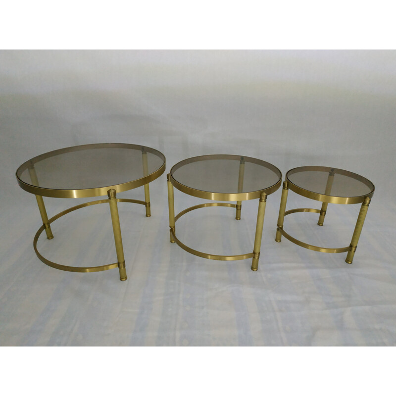 Set of 3 nesting tables in brass and glass