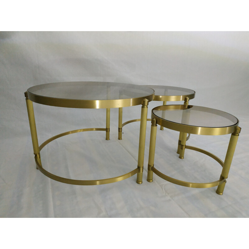 Set of 3 nesting tables in brass and glass