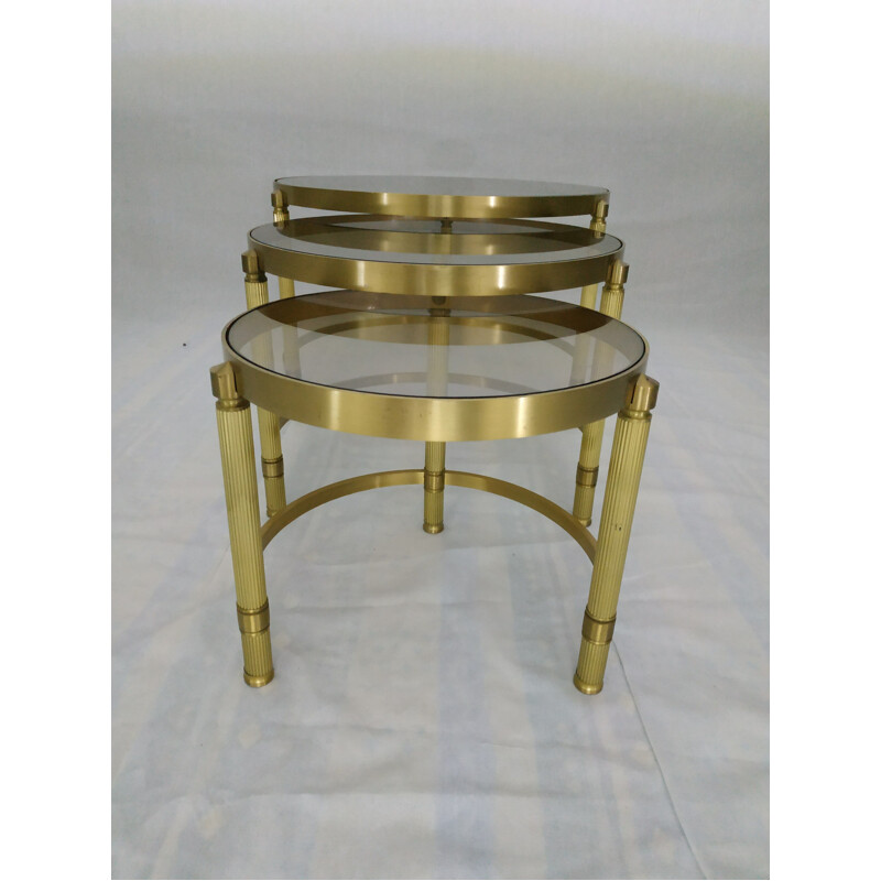 Set of 3 nesting tables in brass and glass