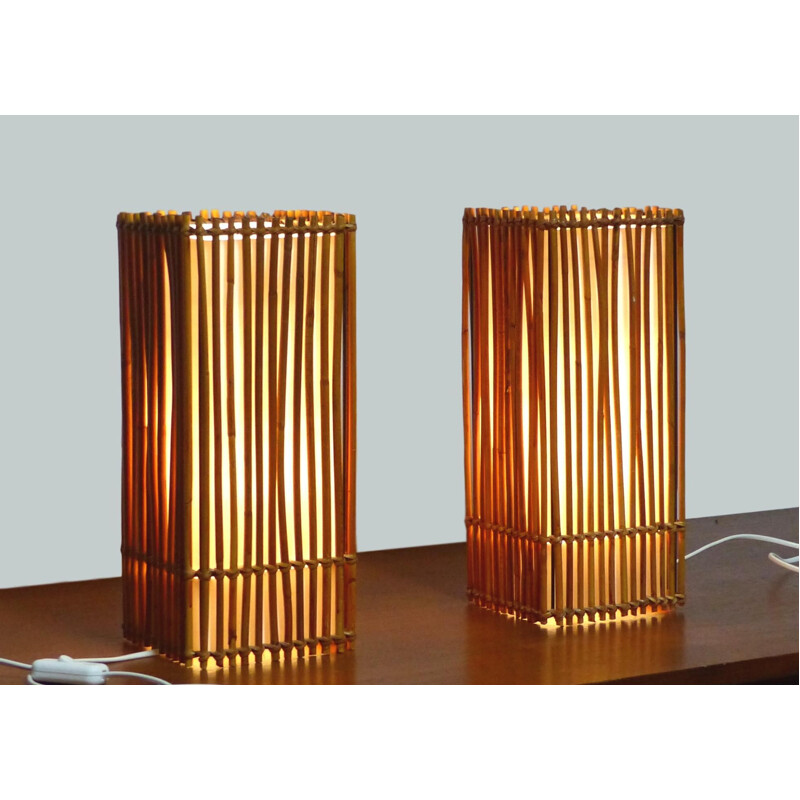 Pair of vintage rattan Tiki lamps 1960