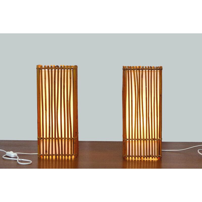 Pair of vintage rattan Tiki lamps 1960