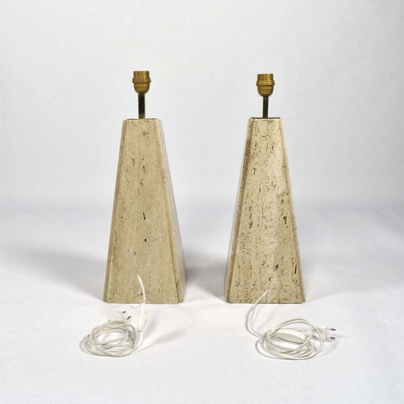 Suite de 2 lampes vintage en laiton de travertin par Camille Breesch