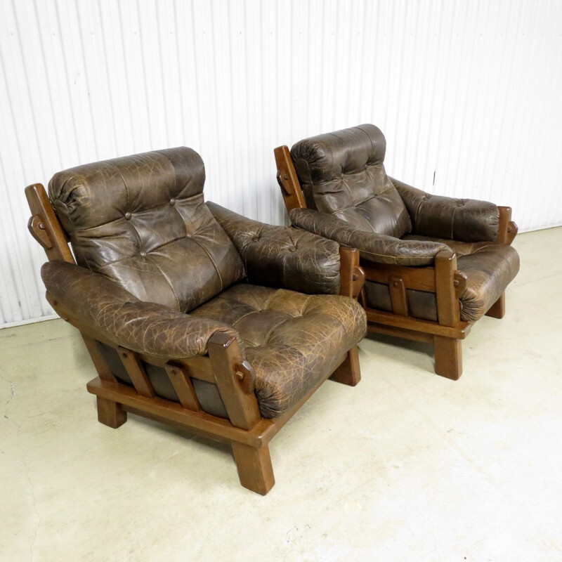 Set of 2 vintage dutch brutalist leather lounge chairs