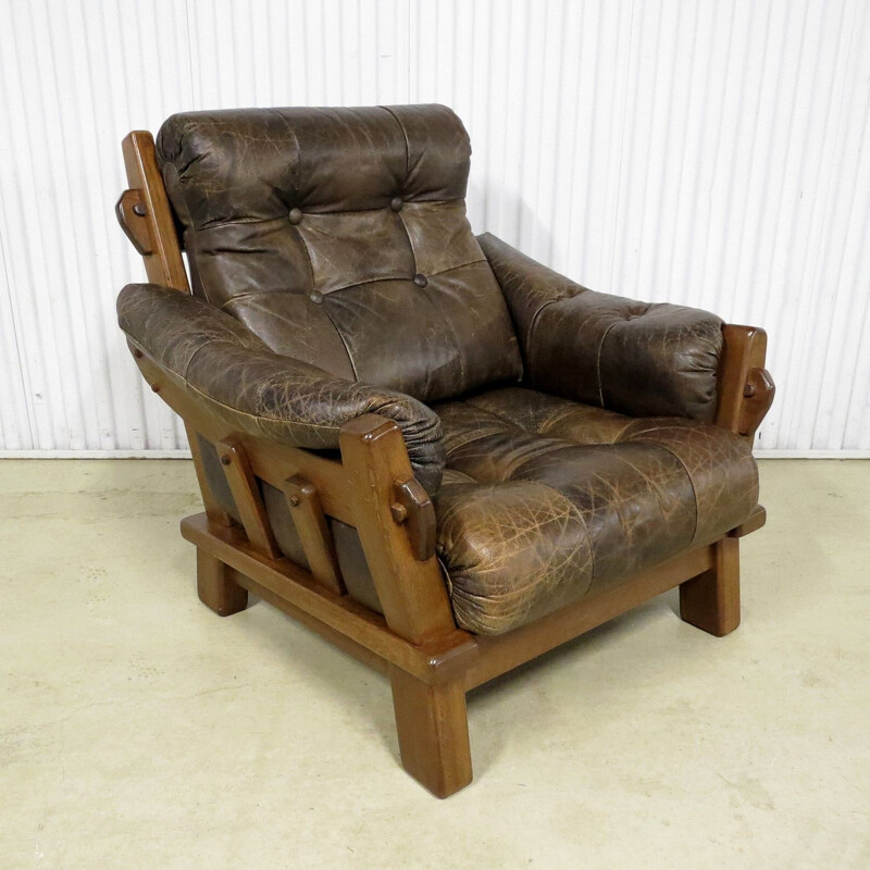 Set of 2 vintage dutch brutalist leather lounge chairs