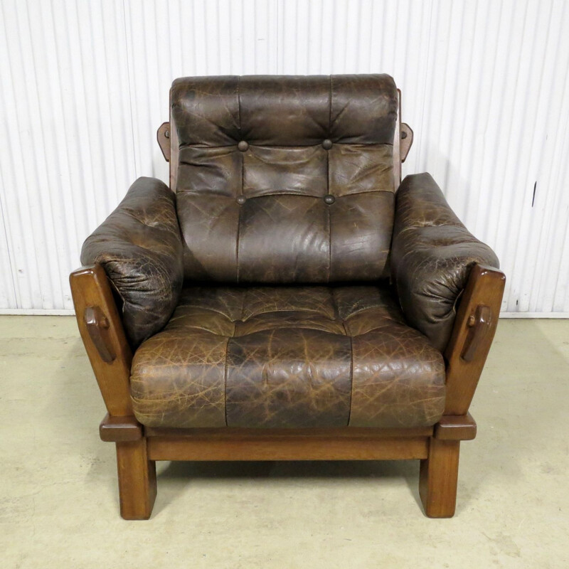 Set of 2 vintage dutch brutalist leather lounge chairs