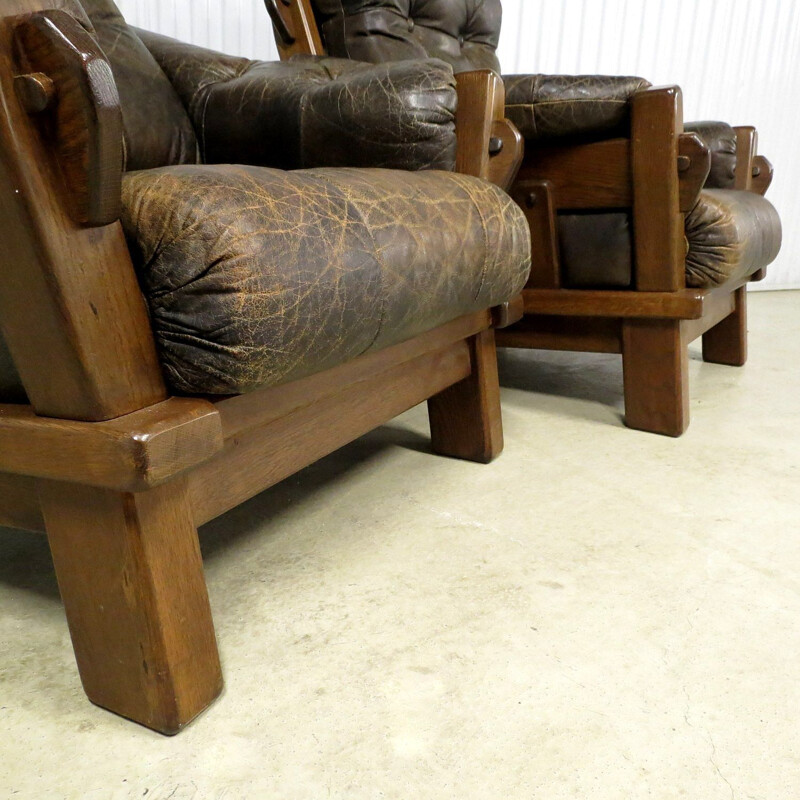 Set of 2 vintage dutch brutalist leather lounge chairs