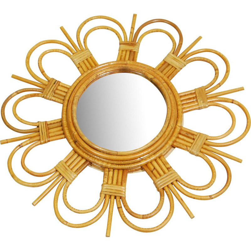 Miroir vintage soleil en rotin conçu en Angleterre 1970
