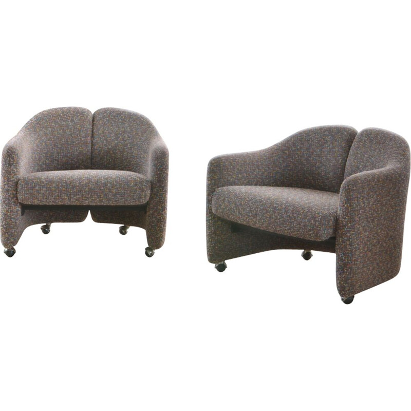 Set of 2 vintage PS142 armchairs for Tecno in gray wool and metal