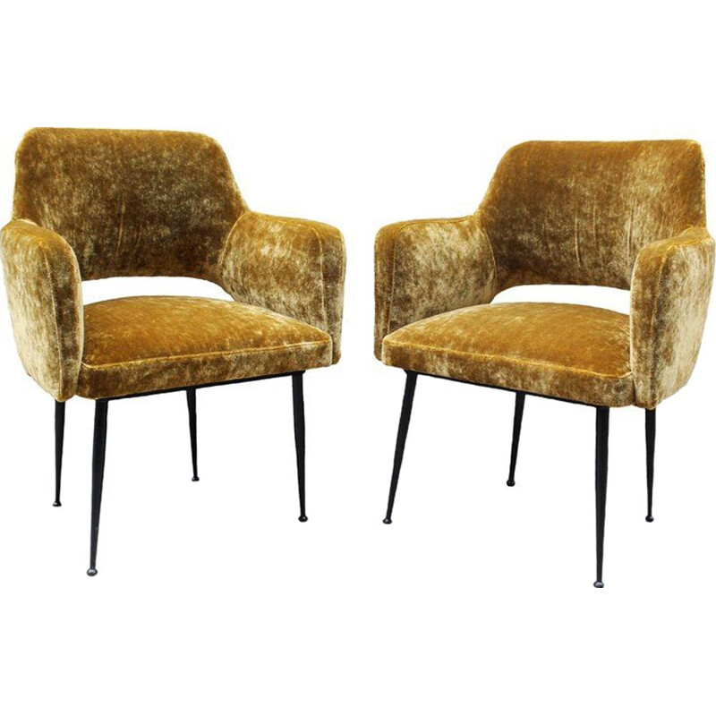 Pair of vintage italian armchairs in yellow velvet fabric and metal 1950