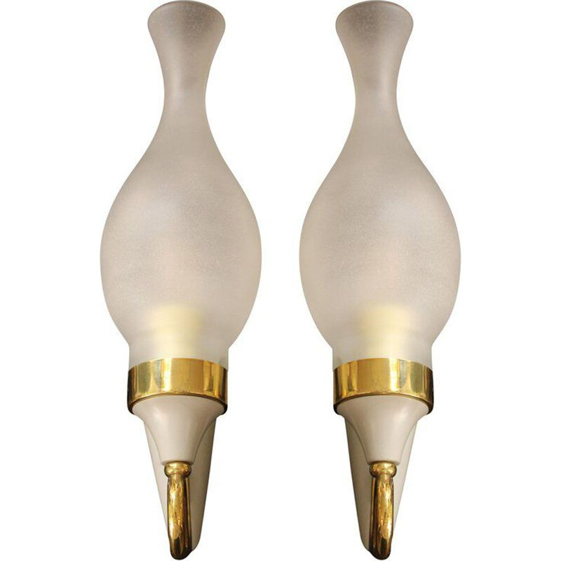 Set of 2 vintage italian wall lamps in brass and glass 1950