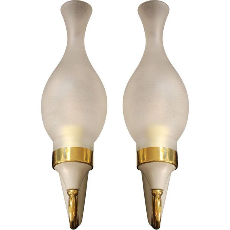 Set of 2 vintage italian wall lamps in brass and glass 1950