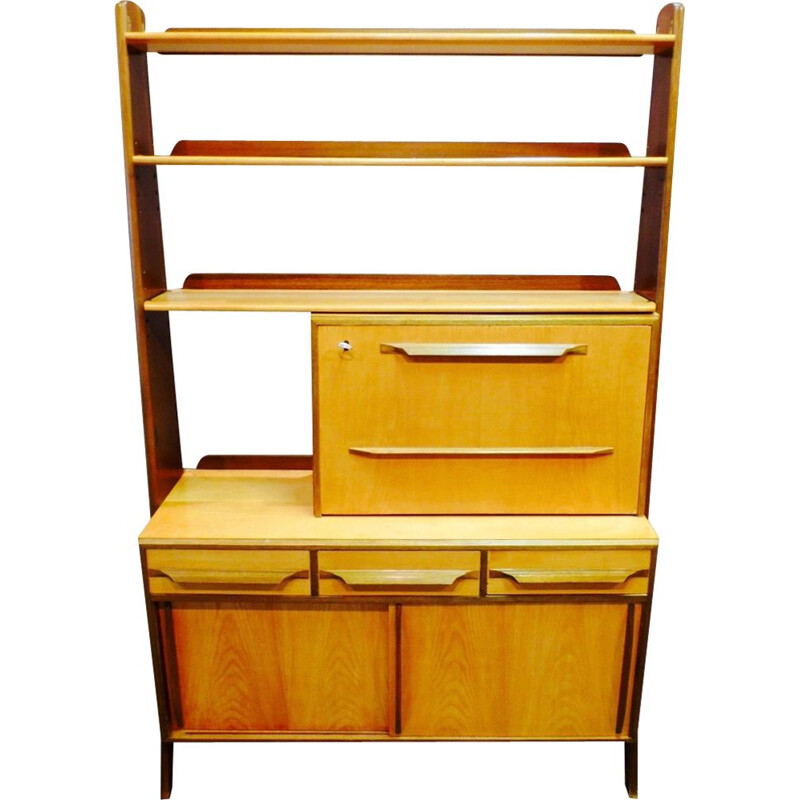 Vintage desk in brass and walnut and its shelf 1950