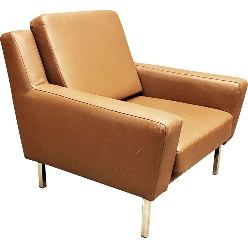 Vintage scandinavian armchair in brown leather and metal 1950