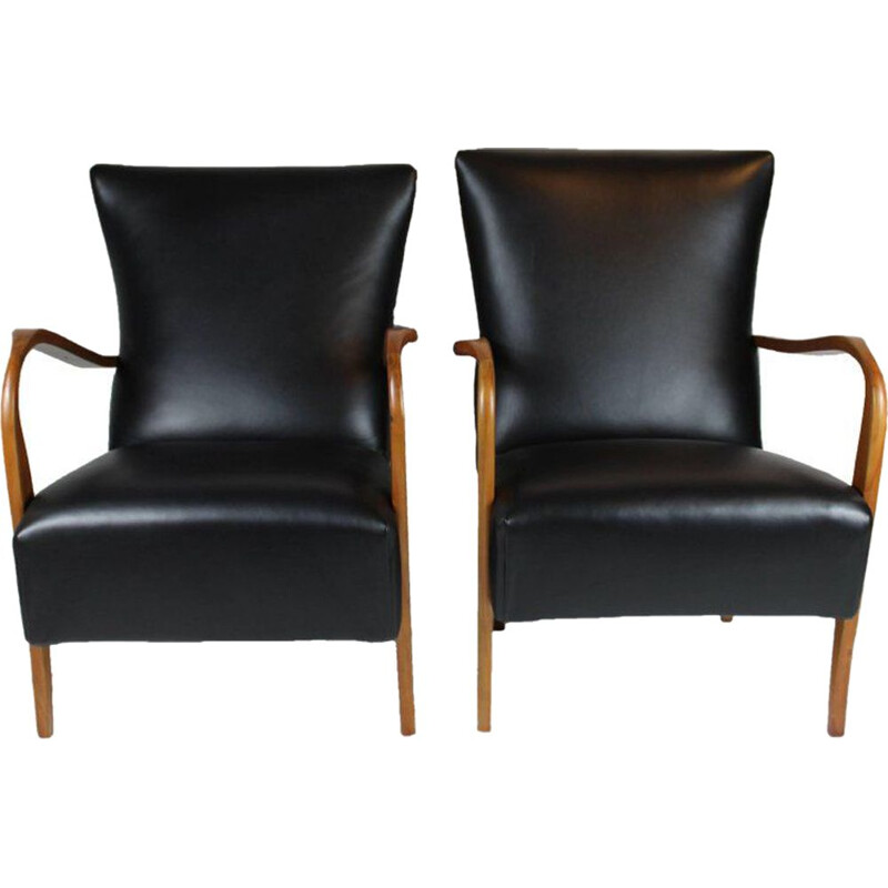Pair of vintage italian armchairs in black leather 1950