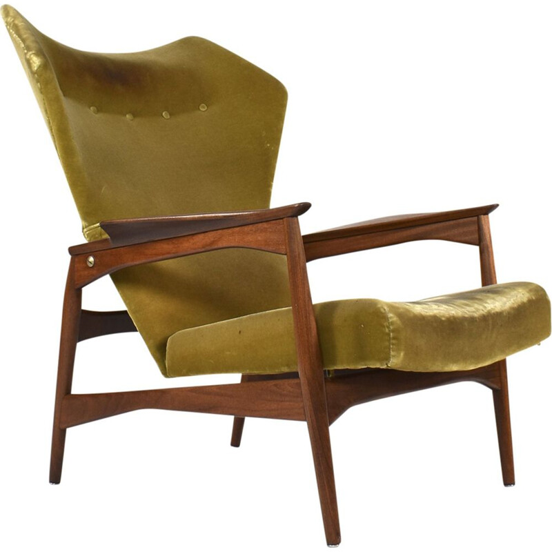 Vintage wingback armchair for Carlo Garhn in teak and green velvet 1960