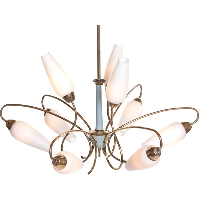 Vintage Italian chandelier in brass and opaline 1950