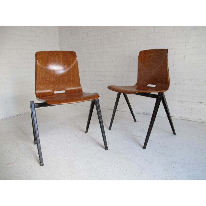 Set of 4 industrial chairs in wood and metal - 1960s