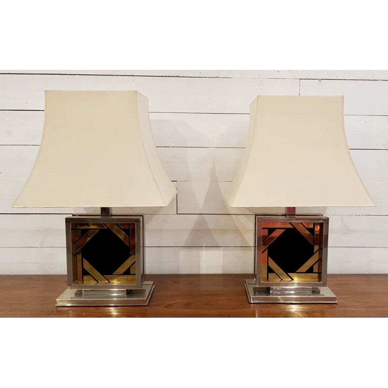 Paire de lampes vintage françaises en chrome et verre noir 1970