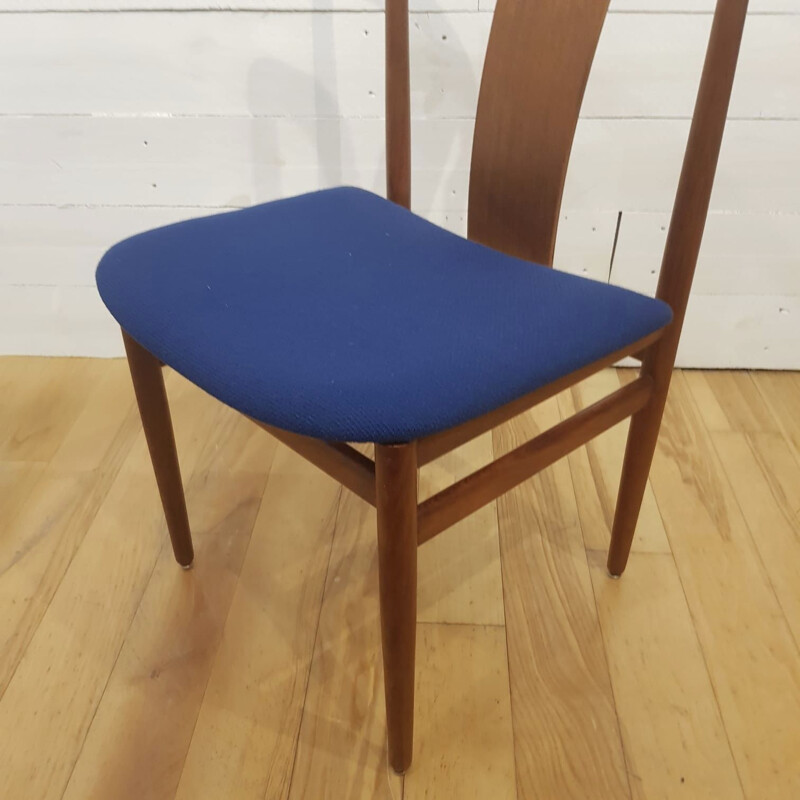 Set of 4 vintage chairs for Danex in teak and blue fabric 1960