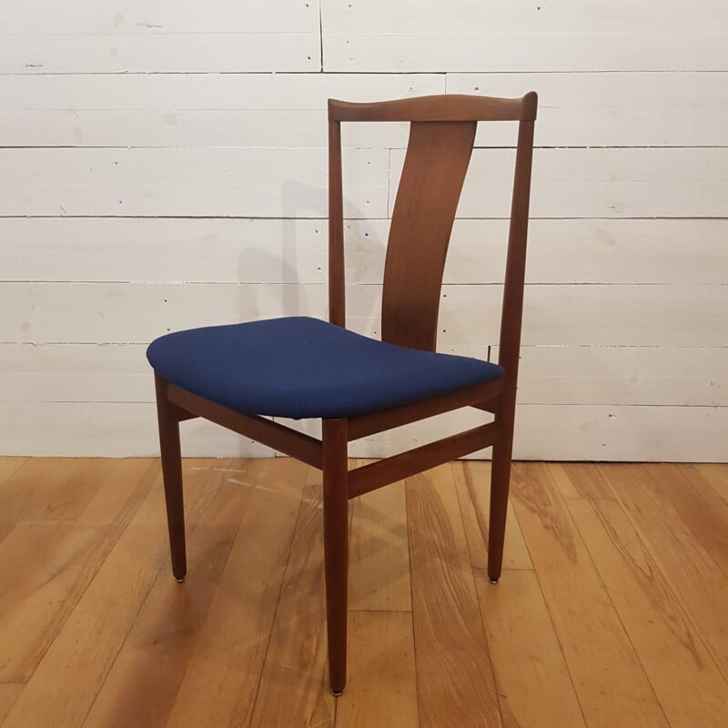 Set of 4 vintage chairs for Danex in teak and blue fabric 1960