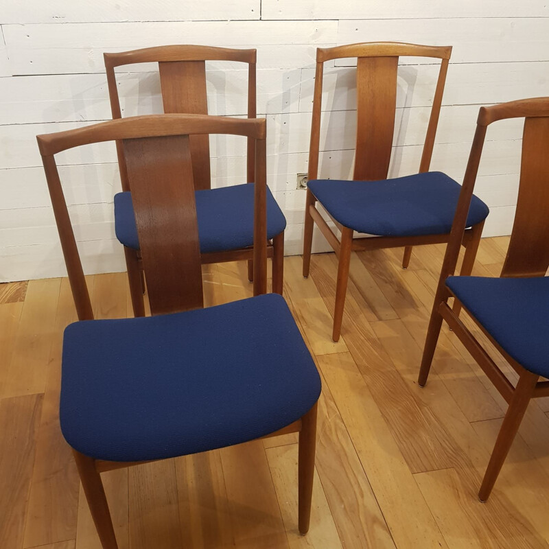 Set of 4 vintage chairs for Danex in teak and blue fabric 1960