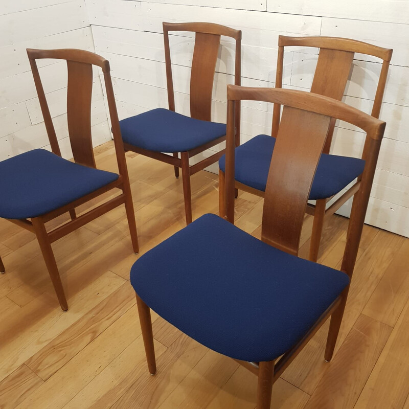 Set of 4 vintage chairs for Danex in teak and blue fabric 1960