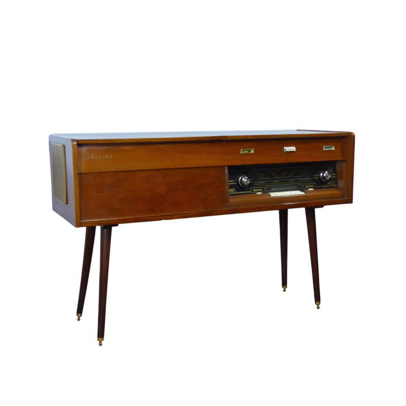 Vintage sideboard for Philips in wood and brass and with radio