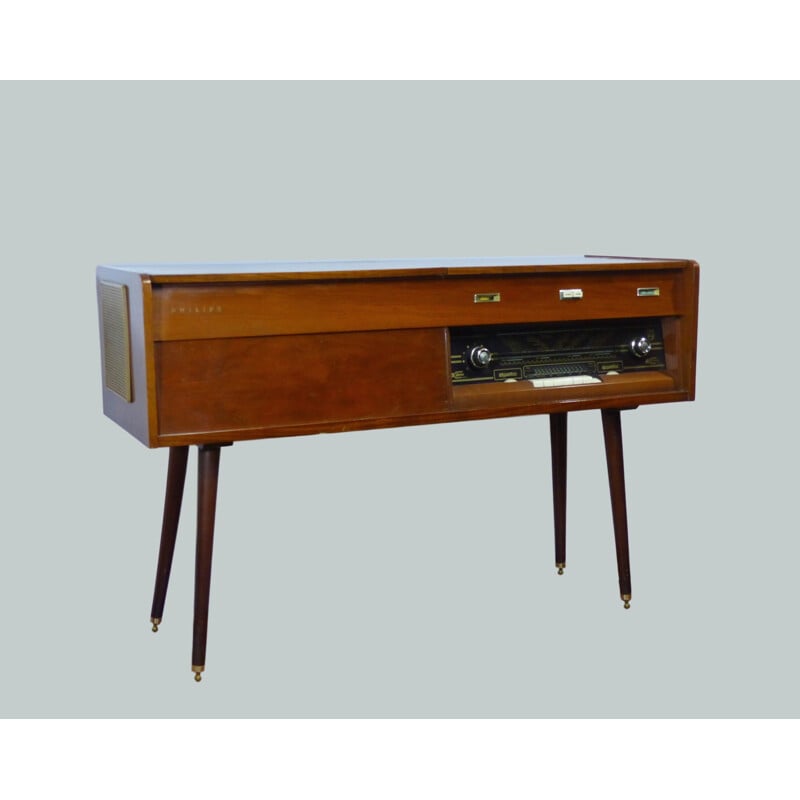 Vintage sideboard for Philips in wood and brass and with radio