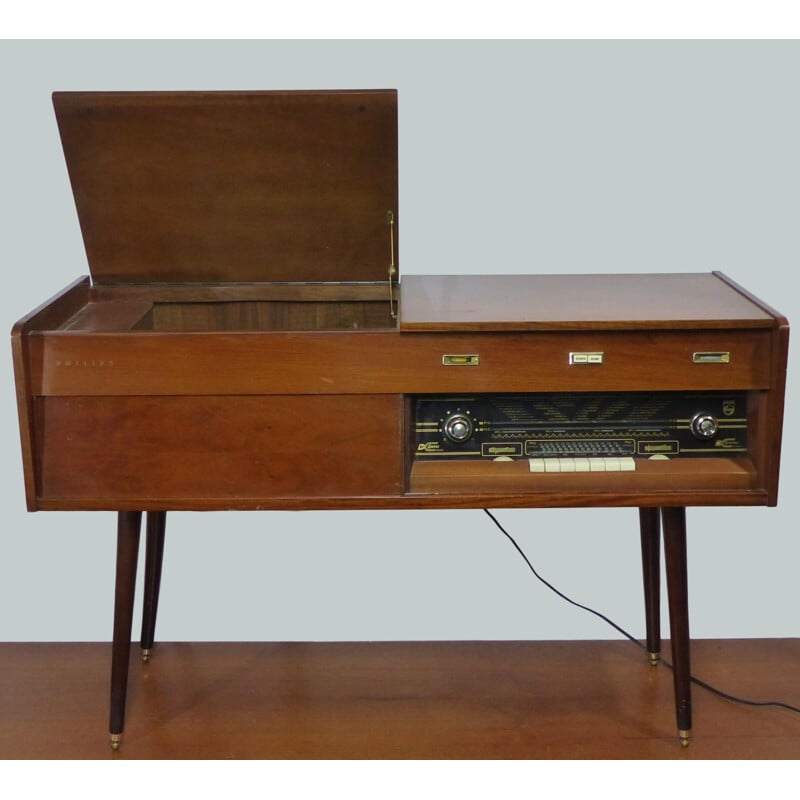 Enfilade vintage pour Philips en bois et laiton et avec radio