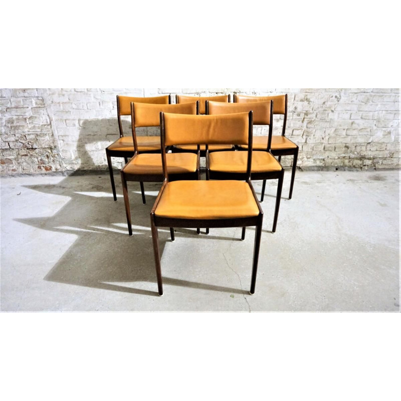 Set of 6 vintage chairs for Uldum in teak and yellow leather 1960
