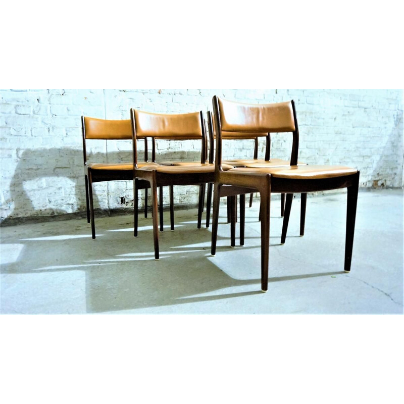Conjunto de 6 cadeiras Uldum vintage em teca e couro amarelo 1960