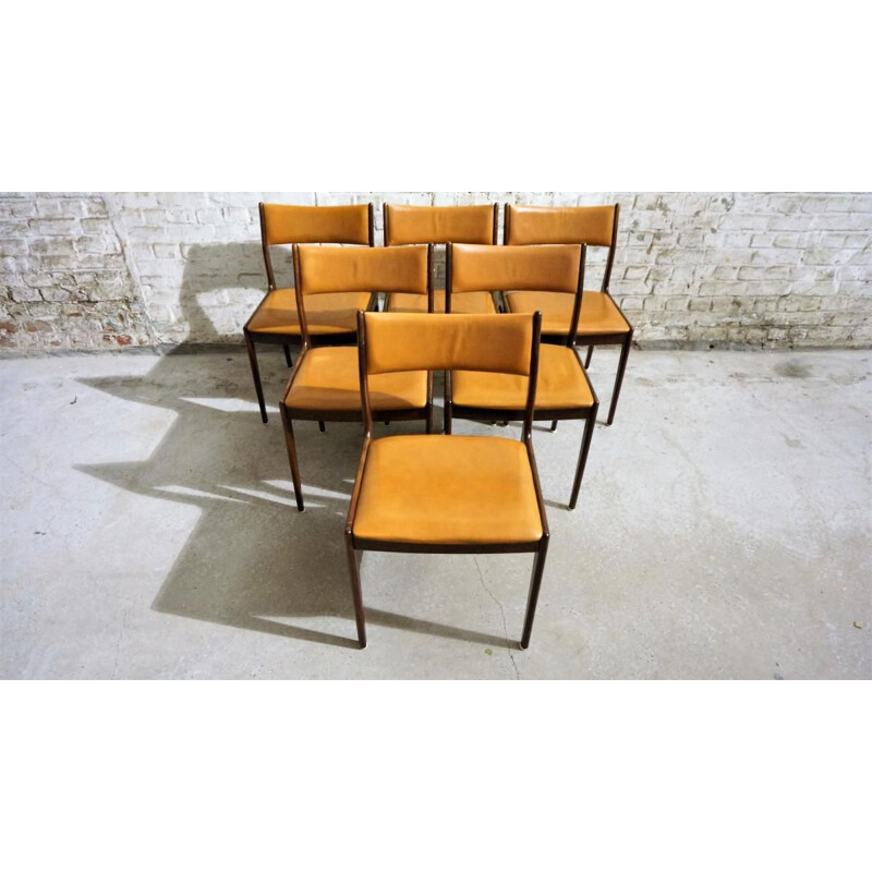 Set of 6 vintage chairs for Uldum in teak and yellow leather 1960