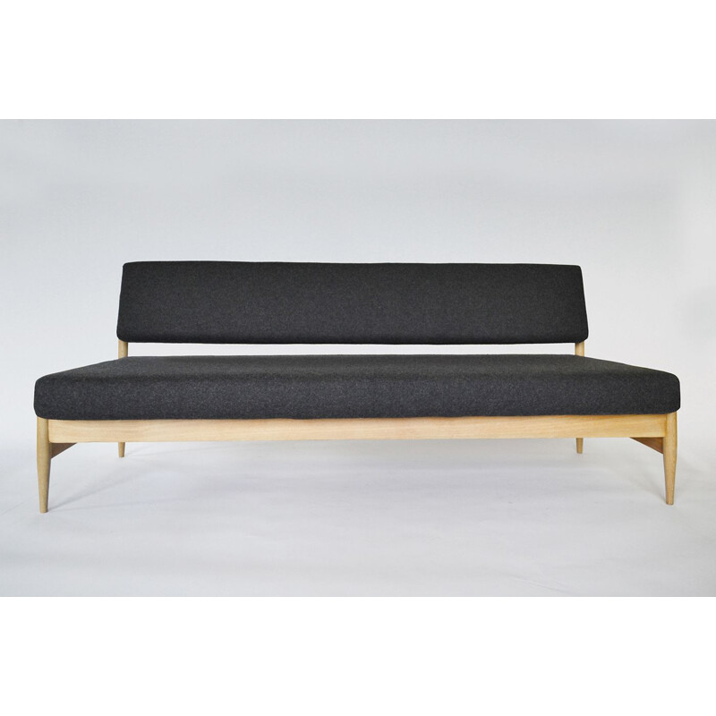 Vintage sofa for Vilniaus Baldų Kombinatas in oakwood and black fabric