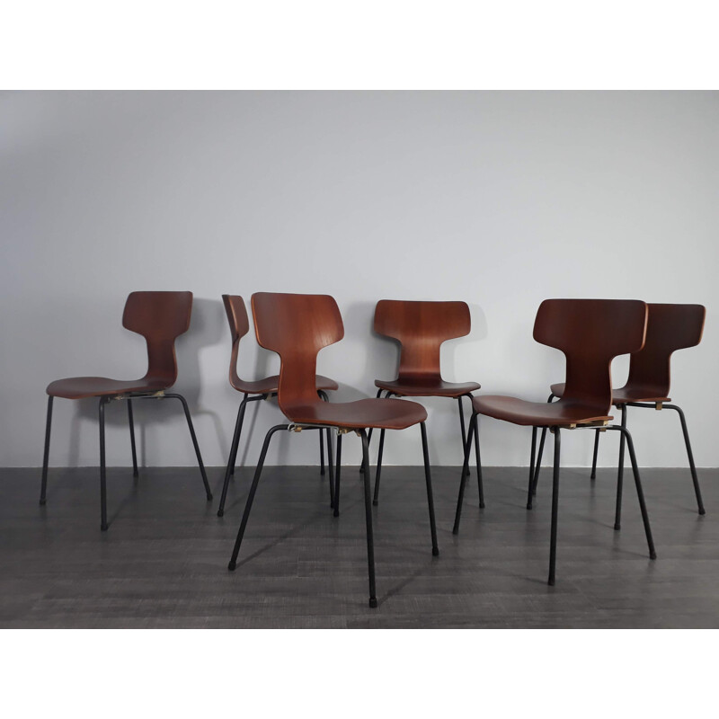 Set of 6 vintage Hammer 3103 chairs for Fritz Hansen in teak 1950