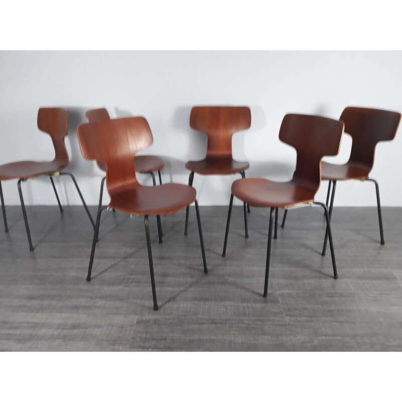 Set of 6 vintage Hammer 3103 chairs for Fritz Hansen in teak 1950