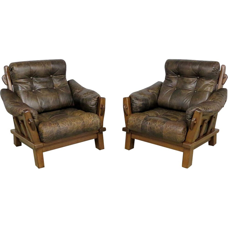 Set of 2 vintage dutch brutalist leather lounge chairs