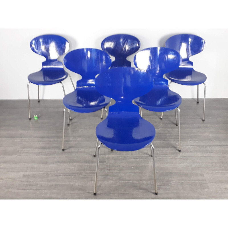 Ensemble de 6 chaises vintage Fourmi 3101 bleues pour Fritz Hansen