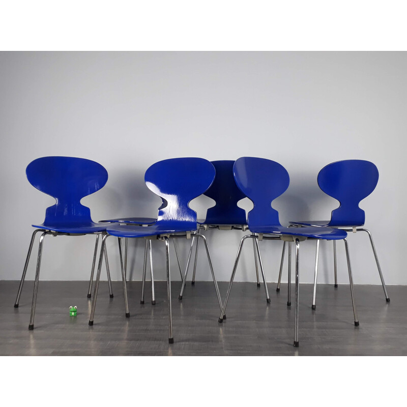 Ensemble de 6 chaises vintage Fourmi 3101 bleues pour Fritz Hansen