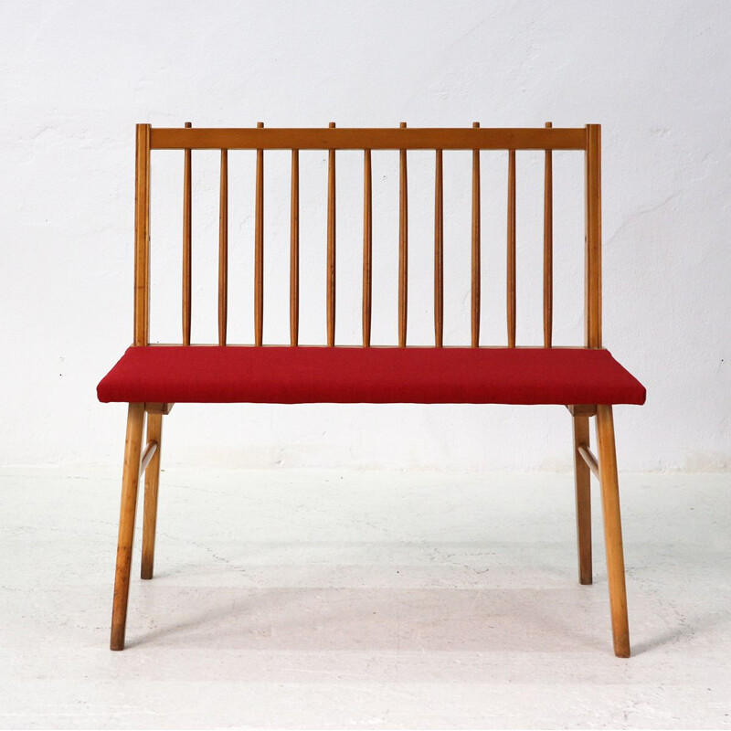 Vintage german bench in red fabric and beechwood for Musterring 1950