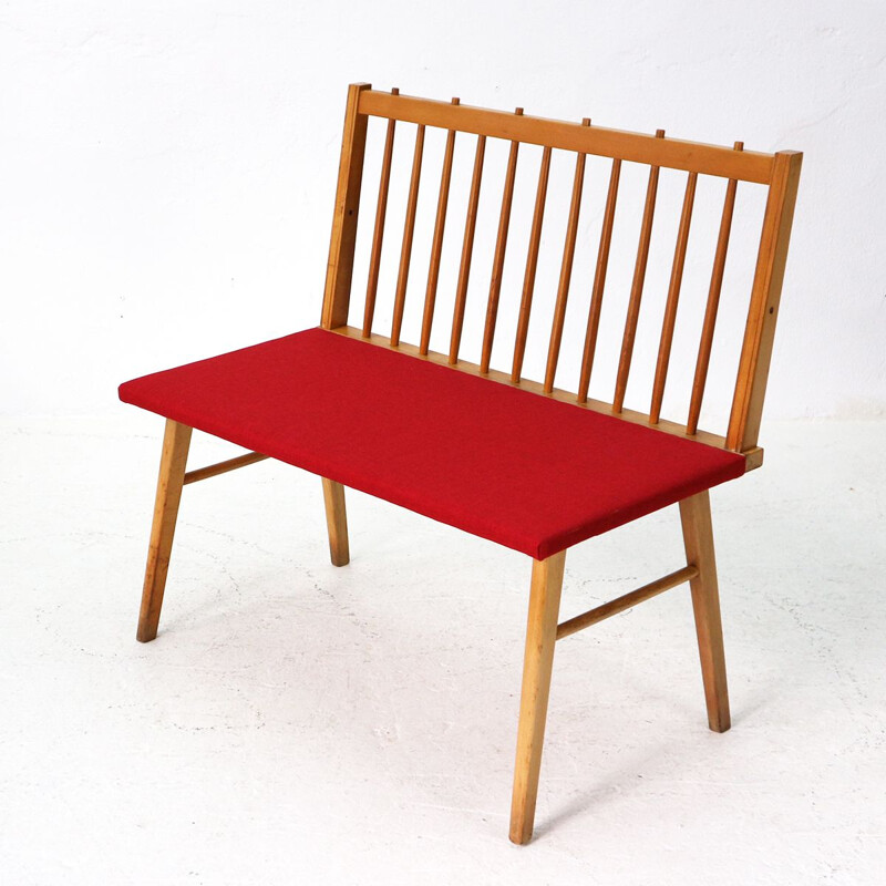 Vintage german bench in red fabric and beechwood for Musterring 1950