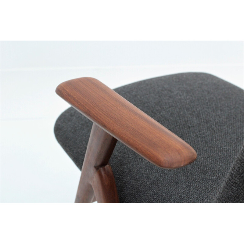 Ensemble de 2 fauteuils vintage scandinaves en tissu gris et teck