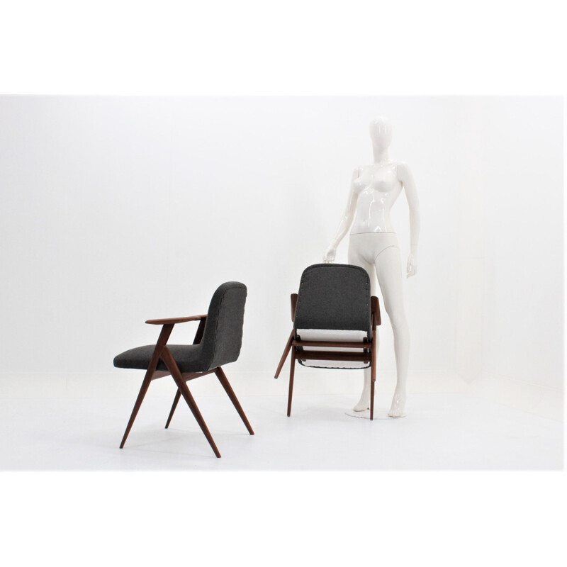 Ensemble de 2 fauteuils vintage scandinaves en tissu gris et teck