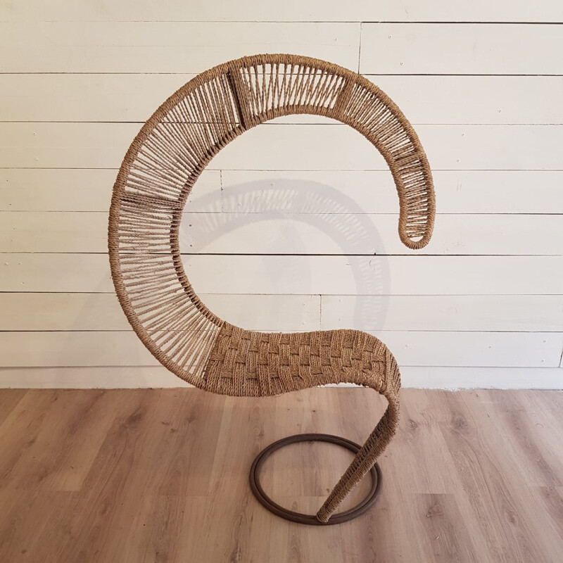 French vintage armchair in rope and iron 1980